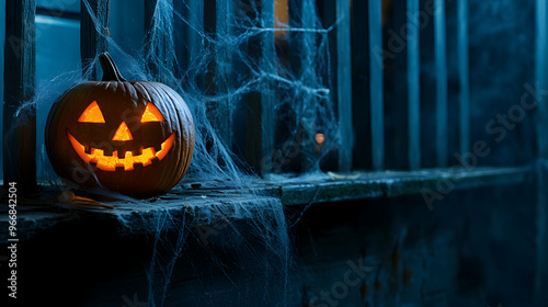 A spooky jack-o-lantern glowing brightly on a porch with cobwebs hanging from the railing, and a faint shadow of something moving inside the house photo