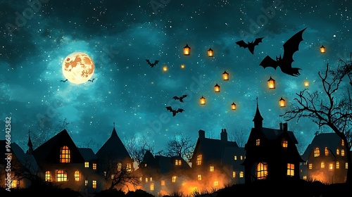 Spooky Halloween Night: Witchy Flight and Bat Silhouettes over Haunted Village with Lantern Light