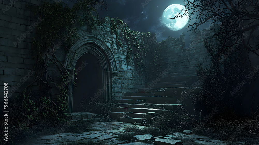 An ancient crypt with overgrown ivy and broken stone steps leading to its entrance, the moonlight casting long, eerie shadows over the ground An ancient crypt with overgrown ivy and broken stone steps leading to its entrance, the moonlight casting long, eerie shadows over the ground