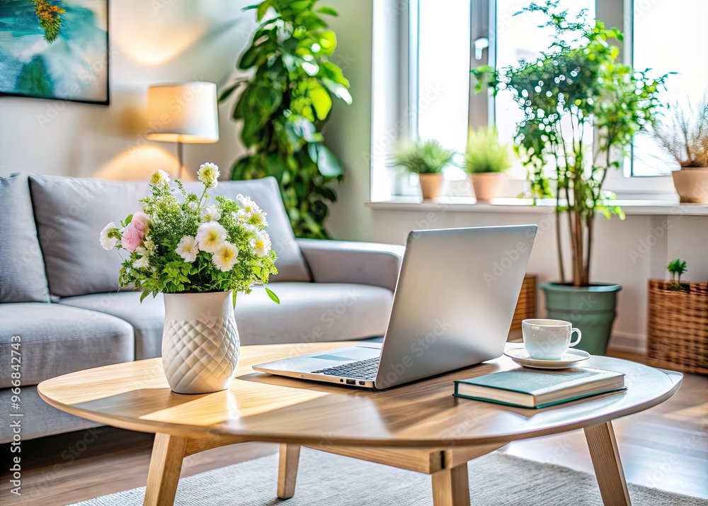 Fototapeta premium Sleek modern laptop on a stylish coffee table surrounded by interior design magazines and stylish decor, with a vase and greenery, in a bright living room.