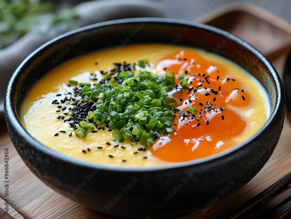 Warm bowl of chawanmushi savory egg custard with toppings, Japanese food, delicate appetizer