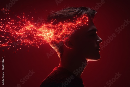 Quantum brainwave brainwave oscillation and cognitive dissonance portrait of a man with red energy particles flowing from his head symbolizing intense thought and creative focus