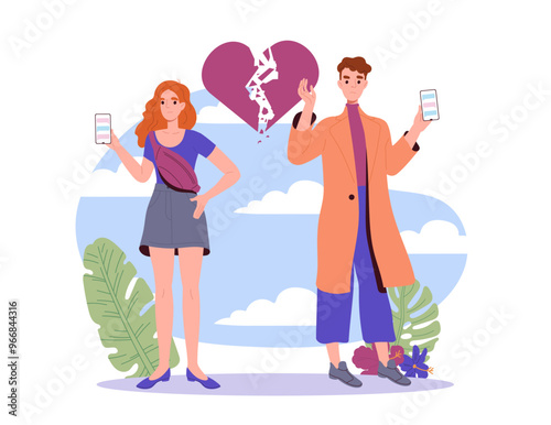 Couple with breakup. Man and woman with heart fragments. Negative feelings and emotions. Husband and wife divorced. Lovers separation. Flat vector illustration