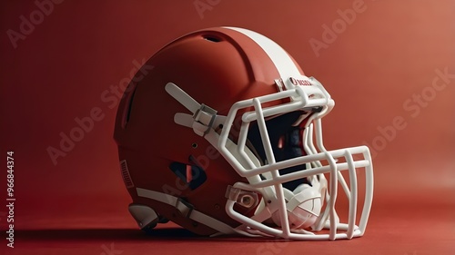 American football helmet against red background. Sport poster, attribute of game