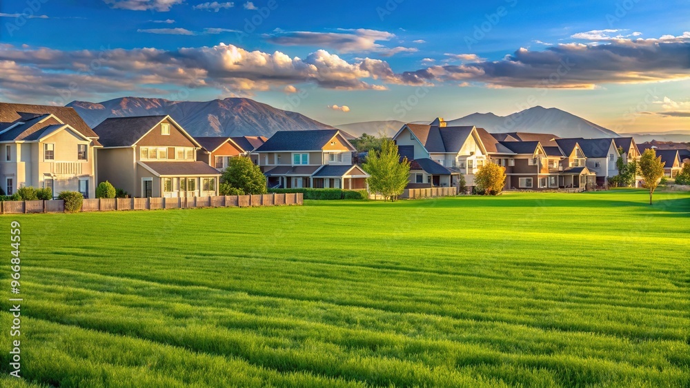 Residential area with large green field at daybreak in Utah Residential area with large green field at daybreak in Utah