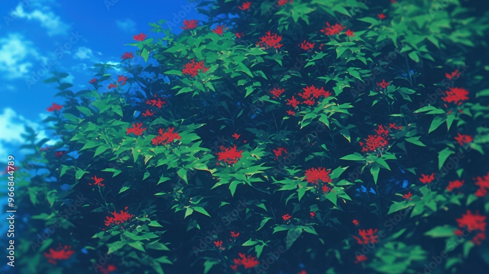 A vibrant display of red flowers amidst lush green leaves under a bright blue sky. A vibrant display of red flowers amidst lush green leaves under a bright blue sky.