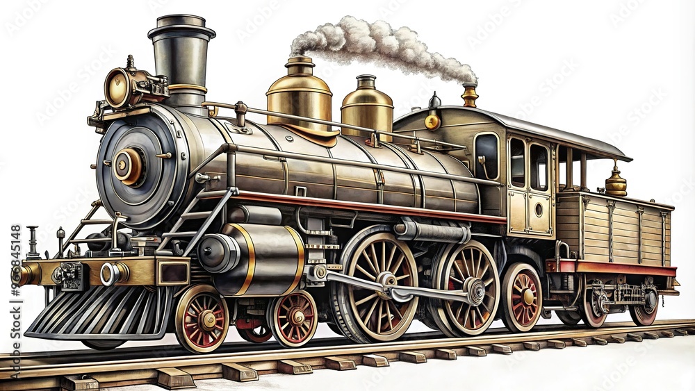Naklejka premium Retro steam train engraving on white background Long Shot