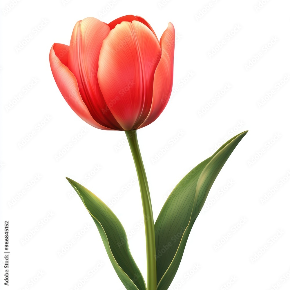 A vibrant red tulip with green leaves, symbolizing beauty and nature.