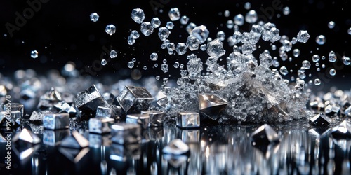 Sparkling silver nitrate crystals scattered on a black background, surrounded by droplets of water, showcasing the mesmerizing beauty of elemental tin in its crystalline form.