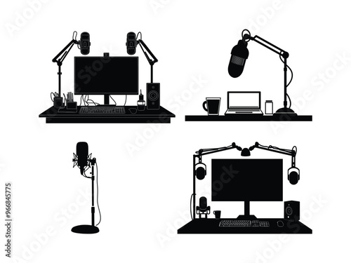 Professional Podcast Setup Silhouettes - Ideal for Digital Creators and Content Marketers.