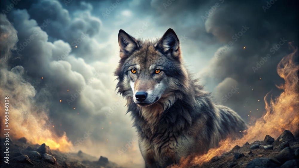 The wolf's smoky fur blends with the misty landscape, but its gaze remains keen, cutting through the murk The wolf's smoky fur blends with the misty landscape, but its gaze remains keen, cutting through the murk