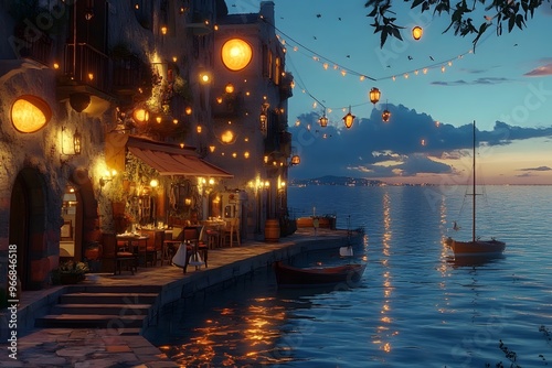 Mediterranean Town by the Sea at Sunset