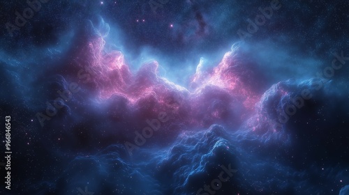 Abstract image of interstellar clouds in deep space, glowing nebula in shades of pink and blue, representing the vastness and beauty of the universe, surreal and dreamlike cosmic scene