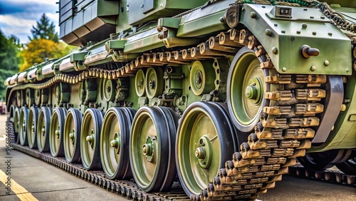 Thick, layered armor plating on the tank's flank is designed to absorb and deflect blows, safeguarding critical photo