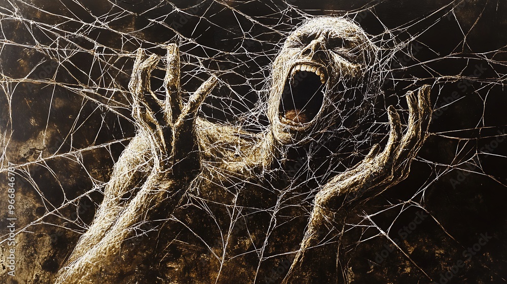 A horrifying image of a person trapped in a spider web, their mouth wide open in a silent scream. The image is painted in dark, shadowy tones.