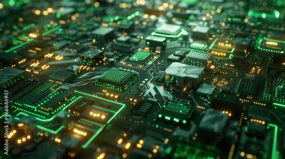 Close-up of a complex circuit board with glowing green and yellow lights. Close-up of a complex circuit board with glowing green and yellow lights.