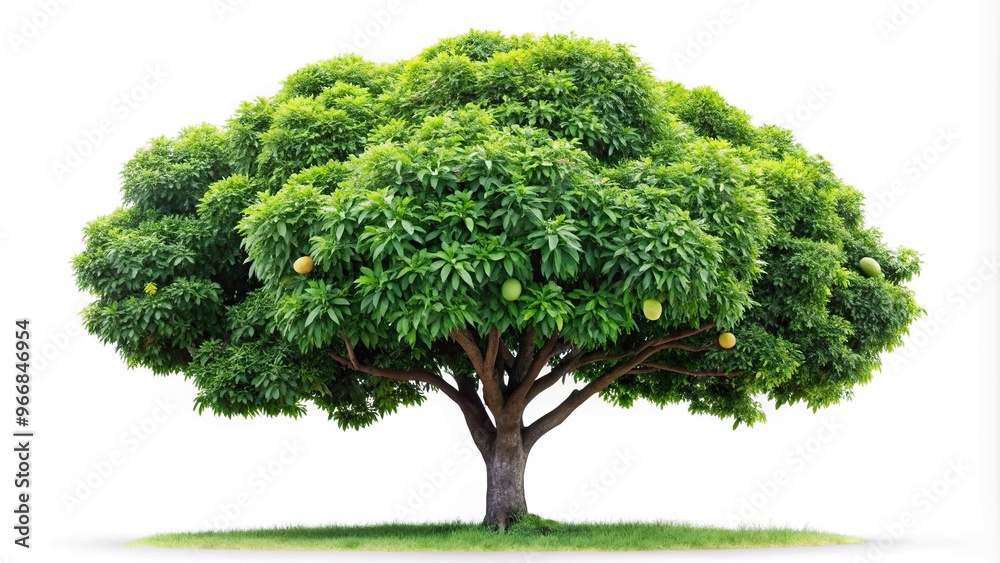 Fototapeta premium Ripe green mango tree reflection on white background