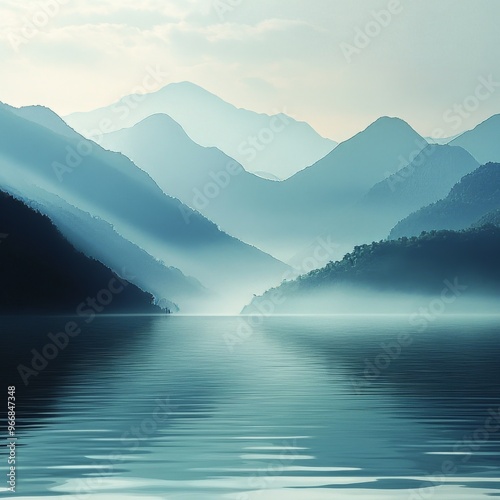 A beautiful scenery of concise hazy implicit mountains and water. The mountains are veiled in a hazy mist, creating an air of mystery. The water flows smoothly, adding a sense of tranquility. The comb