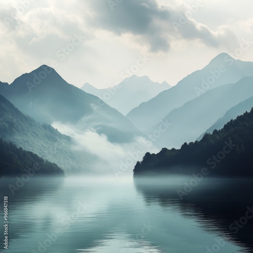 A beautiful scenery of concise hazy implicit mountains and water. The mountains are veiled in a hazy mist, creating an air of mystery. The water flows smoothly, adding a sense of tranquility. The comb