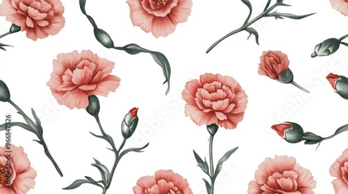 Wallpaper Mural A floral pattern featuring pink carnations on a white background. Torontodigital.ca