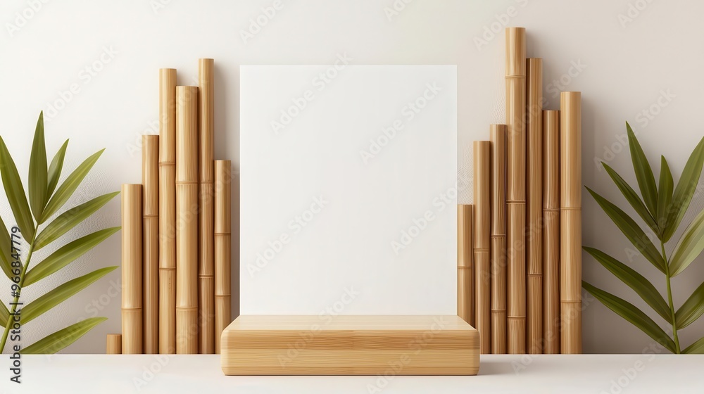 Clean, simple bamboo podium with a rectangular shape, against a blank, white backdrop, bamboo podium, minimalist purity