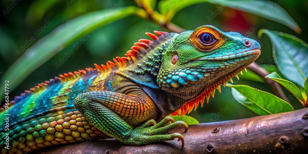 Obraz premium This luscious lizard lazes on a leafy limb, its vibrant scales a dazzling contrast to the verdant surroundings,