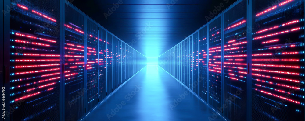 Fototapeta premium Futuristic data center corridor filled with illuminated servers, showcasing advanced technology and vibrant colored lights.