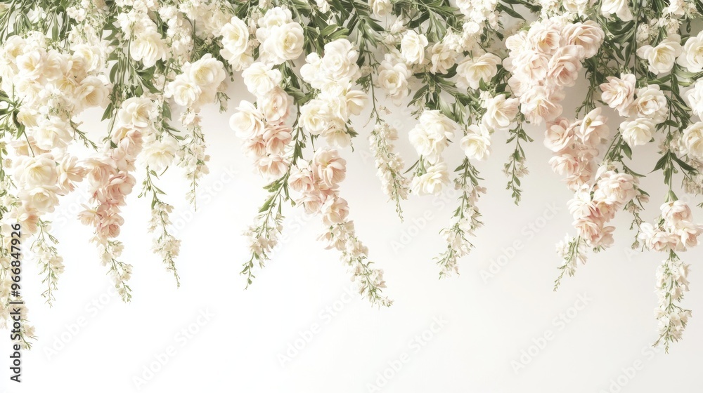 Fototapeta premium A delicate arrangement of cascading flowers in soft white and pink hues against a light background.