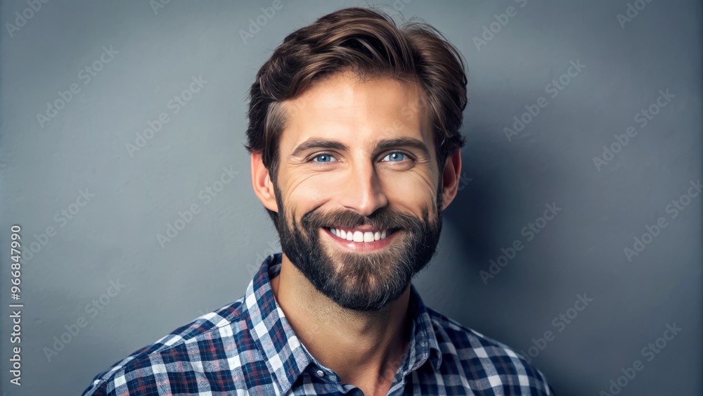Obraz premium * This ruggedly handsome man flashes a bright smile, his gaze holding steady as he's framed against a