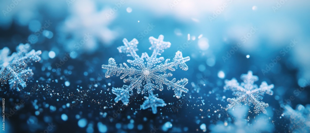 Macro View of a Single Snowflake with a Blue Background Macro View of a Single Snowflake with a Blue Background