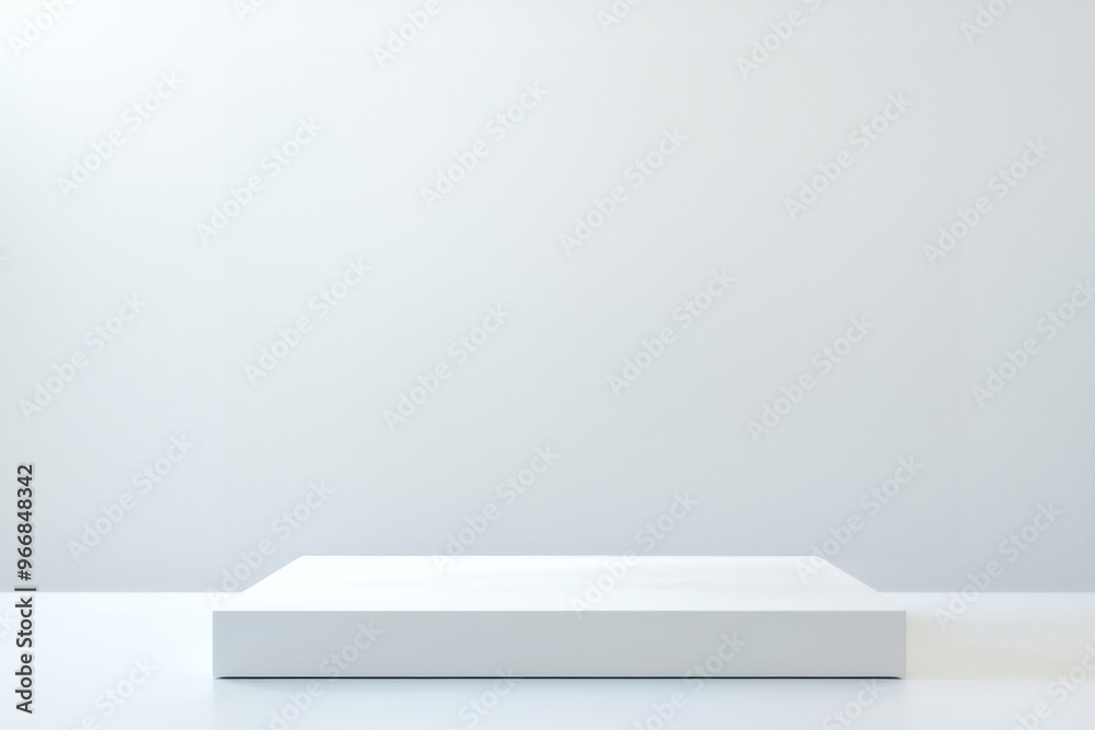 Minimalistic white display platform on a clean surface, perfect for showcasing products or artworks in a modern space. Minimalistic white display platform on a clean surface, perfect for showcasing products or artworks in a modern space.