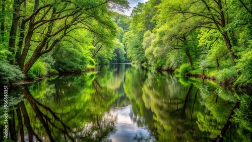 River in a forest with symmetrical reflections