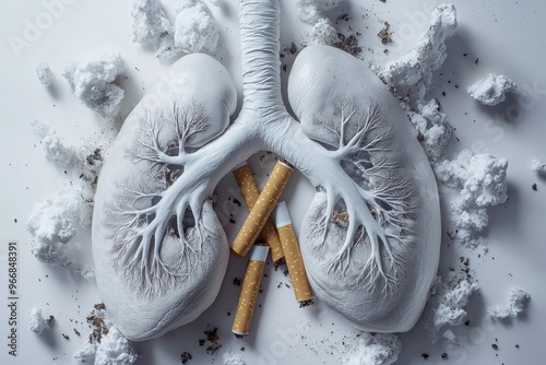 Artistic representation of human lungs surrounded by cigarette butts, symbolizing the impact of smoking on health. photo