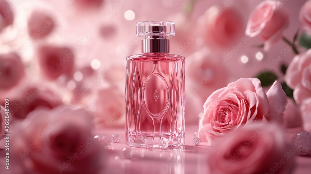 Front view of a transparent perfume bottle with a luxurious design surrounded by fresh roses on a pink background Mockups for advertising. with generative ai Front view of a transparent perfume bottle with a luxurious design surrounded by fresh roses on a pink background Mockups for advertising. with generative ai