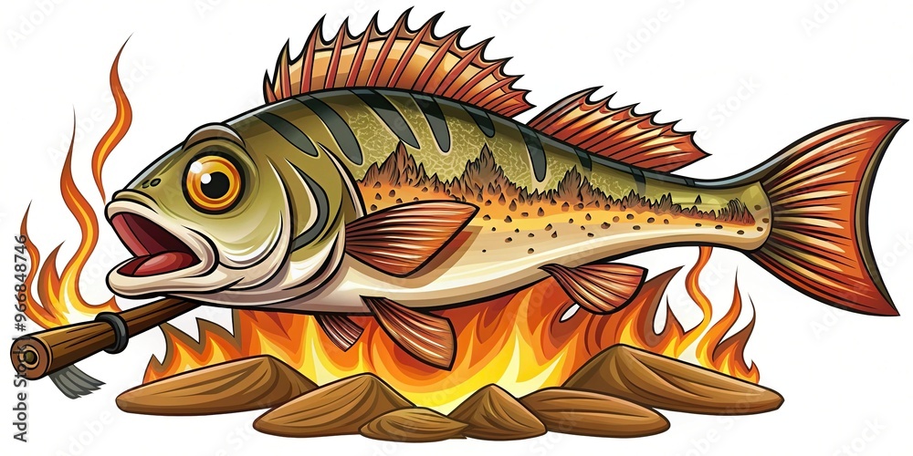 roast fish cartoon with fire reflection roast fish cartoon with fire reflection