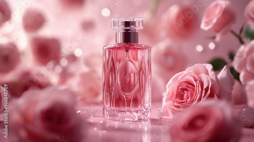Front view of a transparent perfume bottle with a luxurious design surrounded by fresh roses on a pink background Mockups for advertising. with generative ai