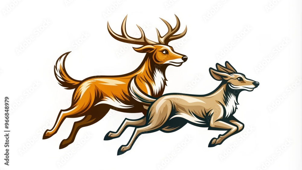 Two silhouetted canines dash after a nimble deer, their contrasting forms converging to embody the unpredictable dance Two silhouetted canines dash after a nimble deer, their contrasting forms converging to embody the unpredictable dance