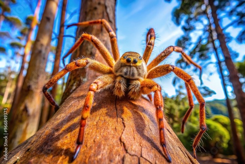 Vibrant Australian huntsman spider perches on a tree trunk, showcasing its impressive leg span and intricate web patterns in a lush, sun-dappled eucalyptus forest. photo