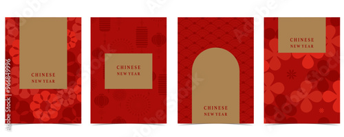 Happy Chinese New Year on red background with flower,lantern.Editable vector illustration for vertical A4 design