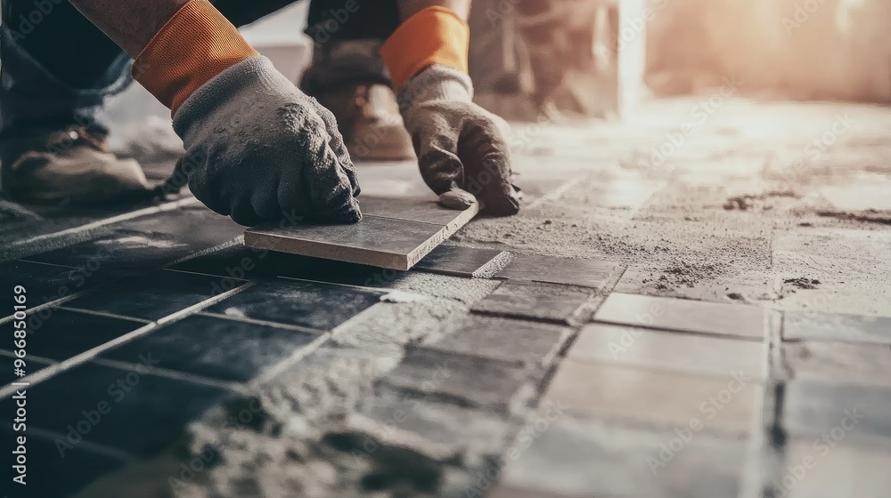 Worker's gloved hands laying tile on a dusty floor, construction and renovation project in progress Worker's gloved hands laying tile on a dusty floor, construction and renovation project in progress