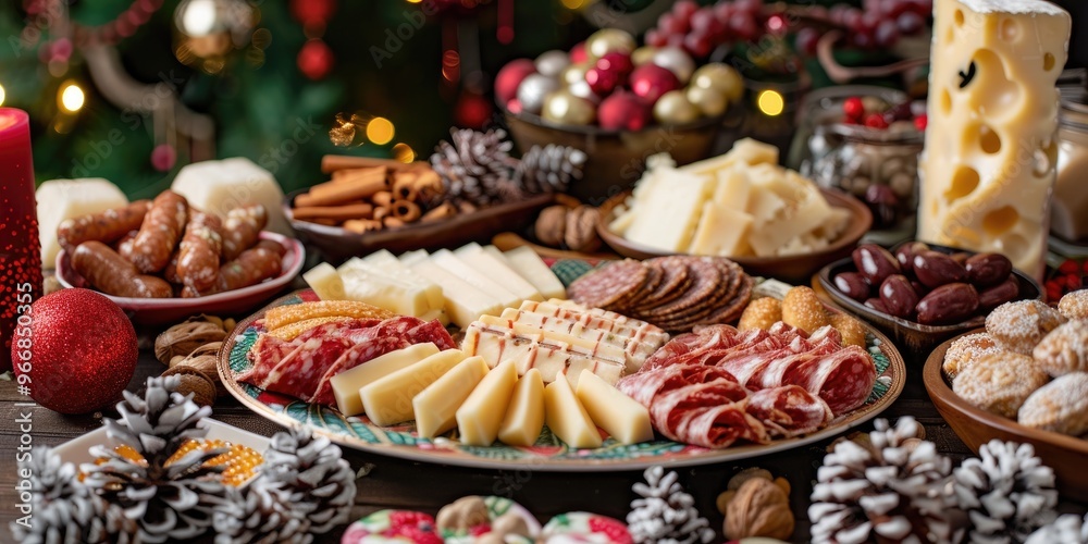 Assorted Treats on a Celebratory New Year's Spread Featuring Cheese, Sausages, and Nuts on an Ornate Platter Assorted Treats on a Celebratory New Year's Spread Featuring Cheese, Sausages, and Nuts on an Ornate Platter