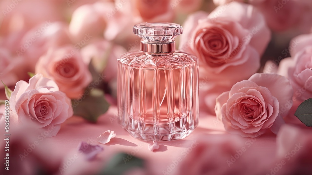 Front view of a transparent perfume bottle with a luxurious design surrounded by fresh roses on a pink background Mockups for advertising. with generative ai Front view of a transparent perfume bottle with a luxurious design surrounded by fresh roses on a pink background Mockups for advertising. with generative ai