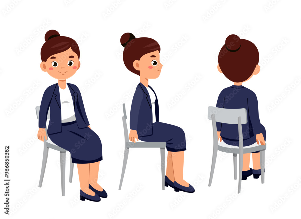 Business woman constructor. Businesswoman in suit sit on chair. Kit for customization. Pack of character in various angles. Manager and accountant. Flat vector collection Business woman constructor. Businesswoman in suit sit on chair. Kit for customization. Pack of character in various angles. Manager and accountant. Flat vector collection
