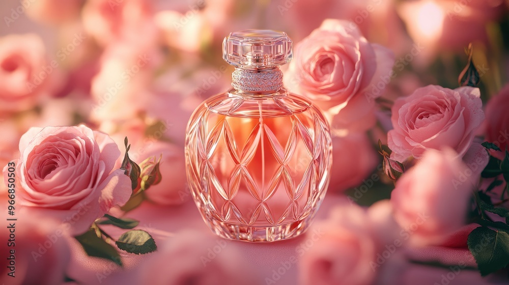 Front view of a transparent perfume bottle with a luxurious design surrounded by fresh roses on a pink background Mockups for advertising. with generative ai Front view of a transparent perfume bottle with a luxurious design surrounded by fresh roses on a pink background Mockups for advertising. with generative ai