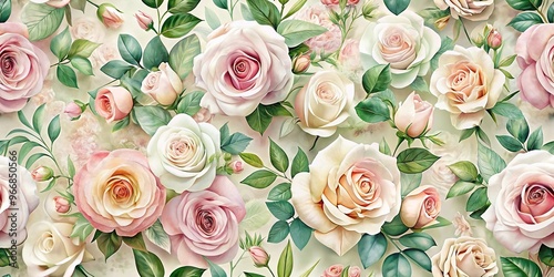 Romantic floral bouquet wallpaper pattern with pastel roses and green leaves