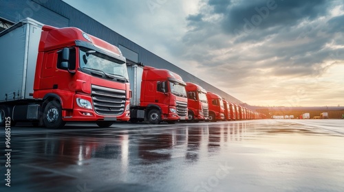 Illustration of a fleet of trucks parked in front of a warehouse to deliver factory goods, copy space background. Ai generated image