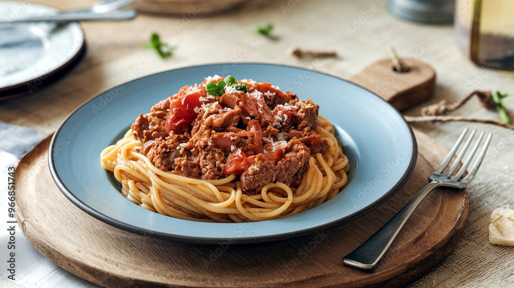 A delicious plate of spaghetti bolognese topped with rich beef sauce, set against a soft, blurred restaurant background for a cozy dining atmosphere. A delicious plate of spaghetti bolognese topped with rich beef sauce, set against a soft, blurred restaurant background for a cozy dining atmosphere.