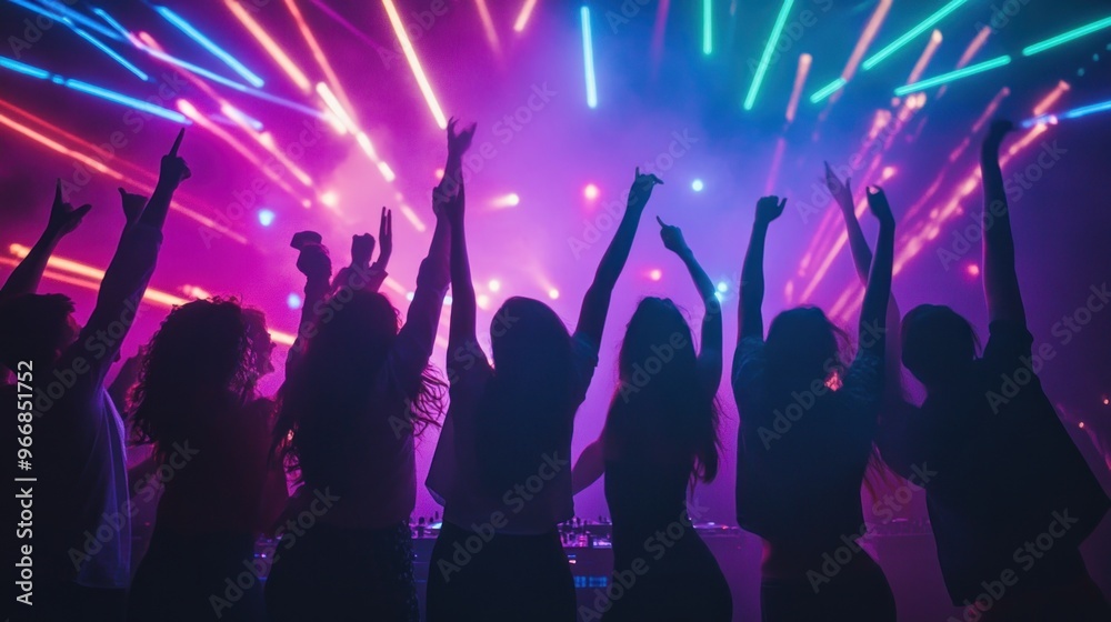 Close up of Group of happy people at DJ nightclub party with neon projector illumination effect. Ai generated image Close up of Group of happy people at DJ nightclub party with neon projector illumination effect. Ai generated image
