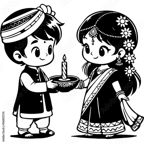 Boy dressed in traditional Indian clothing presents candle in ceramic bowl to young girl in monochrome. Simple minimalistic vector in black ink drawing on transparent background