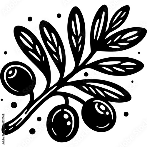Olive tree branch with olive berries in monochrome. Simple minimalistic vector in black ink drawing on transparent background